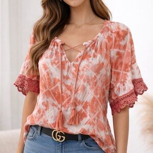 Maurices Coral and White Blouse with Lace Trim